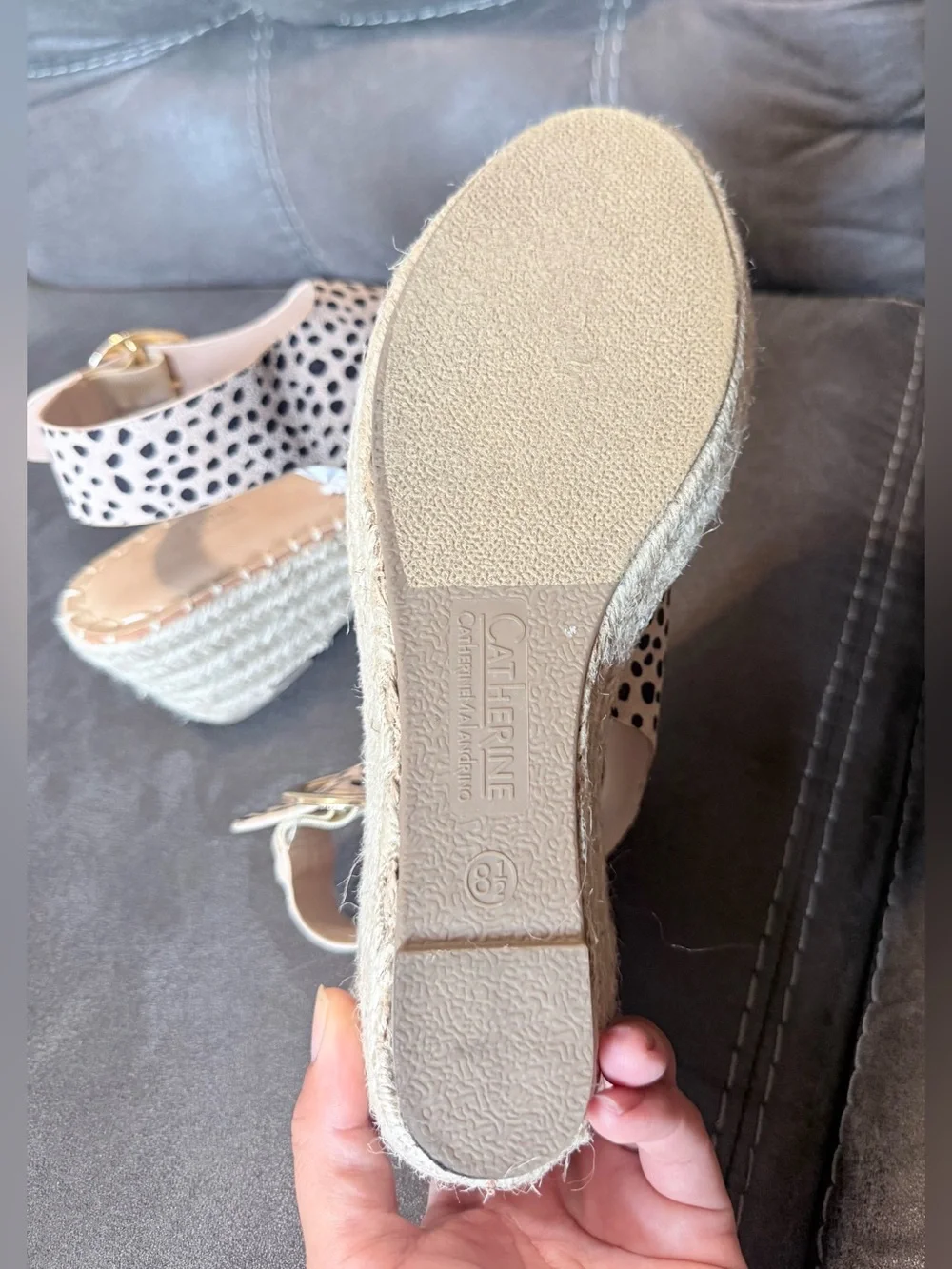 Catherine Malandrino Spotted Espadrille Wedge Sandals in Cream and Black